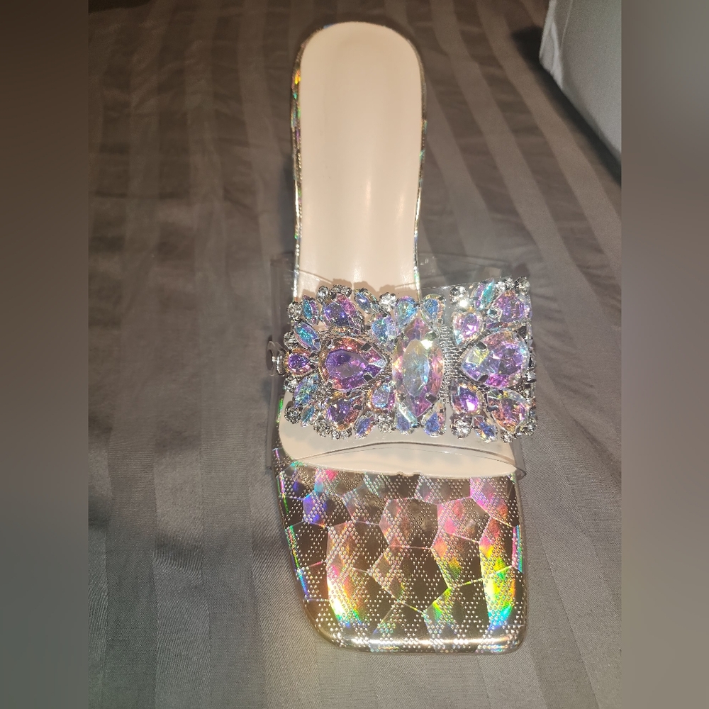 Holographic Heeled Sandals with Purple Gem Embellishment